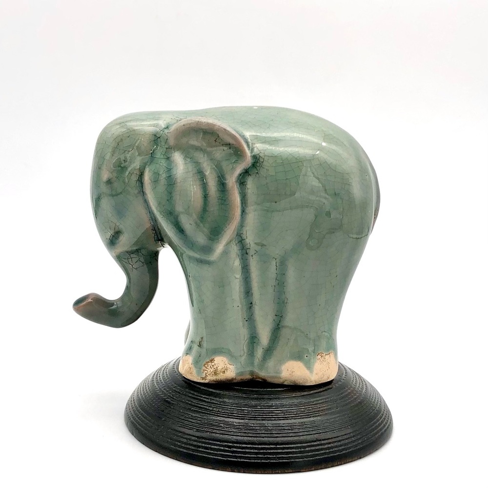 Old Chinese Celadon Elephant Pottery Sculpture Crackle Glaze Marked Bottom